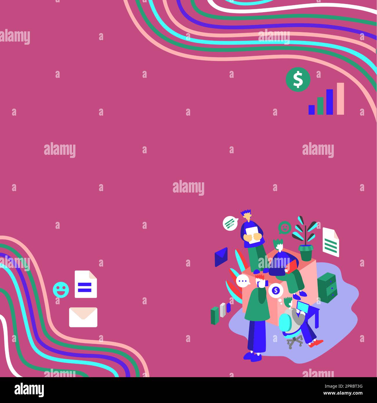 Geschäftsleute, Die Auf Lap Tops Zusammenarbeiten, Einer Telefoniert. Gruppe Von Vier Freunden Im Büro, Die Arbeiten, Zwei Am Computer, Andere Am Handy, Letzte Anordnung Von Dokumenten. Stock Vektor