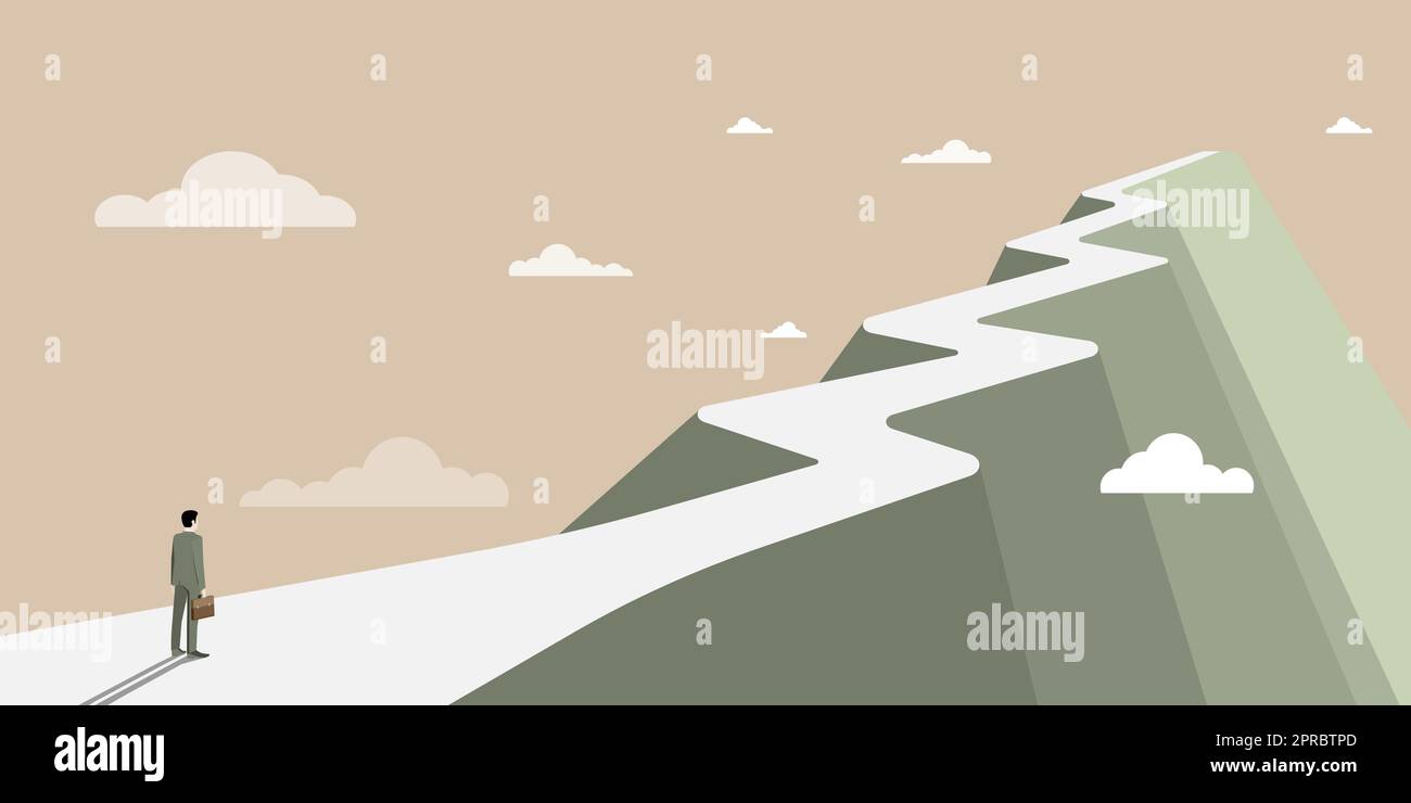 Man on A Mountain Drawing ist stolz auf seinen Erfolg beim Klettern in die Wolken. Athlet on A Cliff feiert Erfolg beim Aufstieg nach oben. Der Sportler Erreicht Den Himmel. Stock Vektor