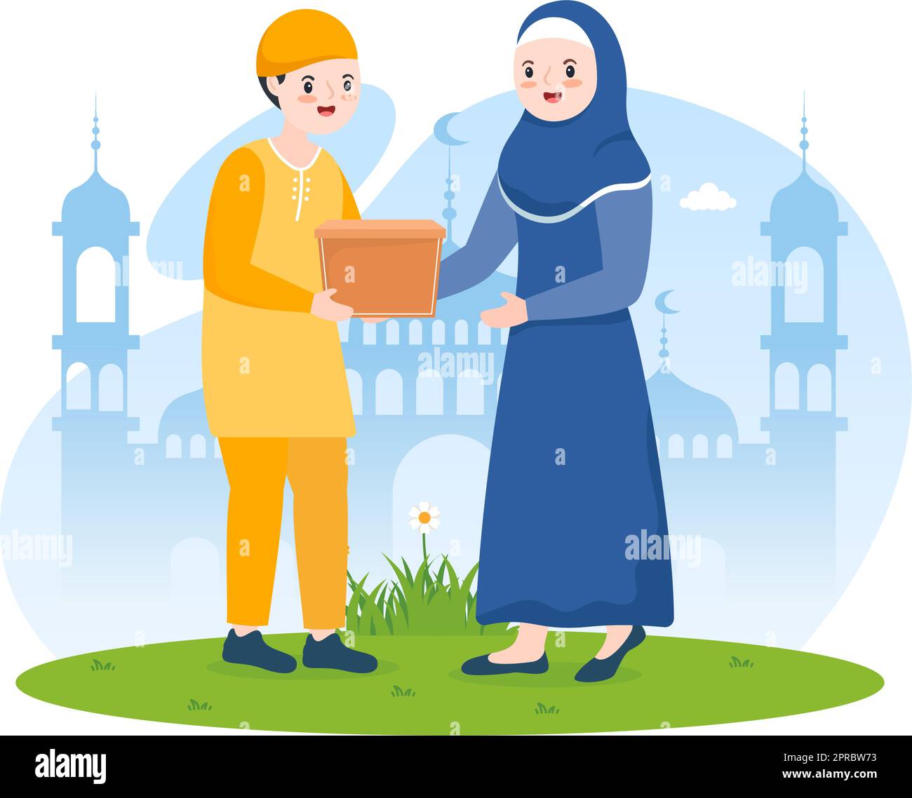 Muslimische Menschen spenden Almosen, Zakat oder Infaq an eine Person, die sie benötigt, in der Abbildung „Flat Cartoon Poster Hand Drawn Templates“ Stock Vektor