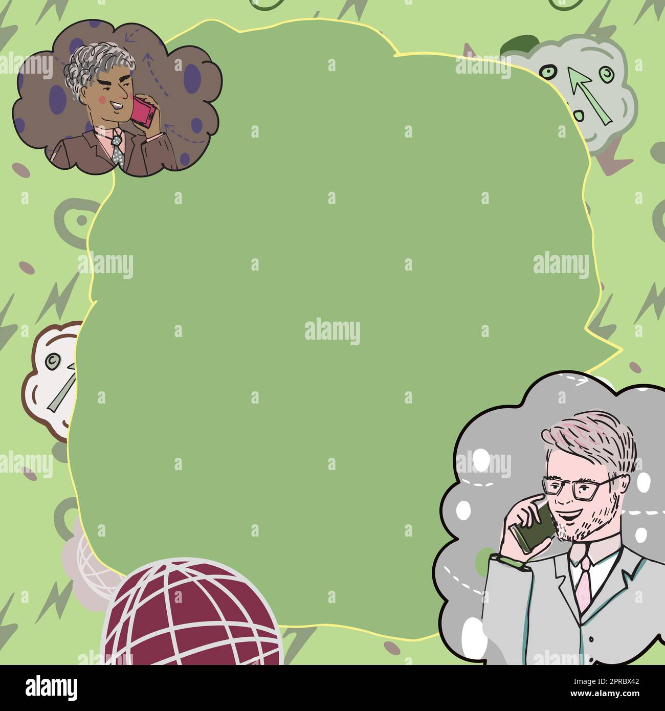 Geschäftsleute, Die Über Mobiltelefone Sprechen Und Wichtige Ideen Präsentieren. Männer, Die Auf Handys Sprechen Und Grausame Informationen Zeigen. Führungskräfte Zeigen Neue Daten An. Stock Vektor