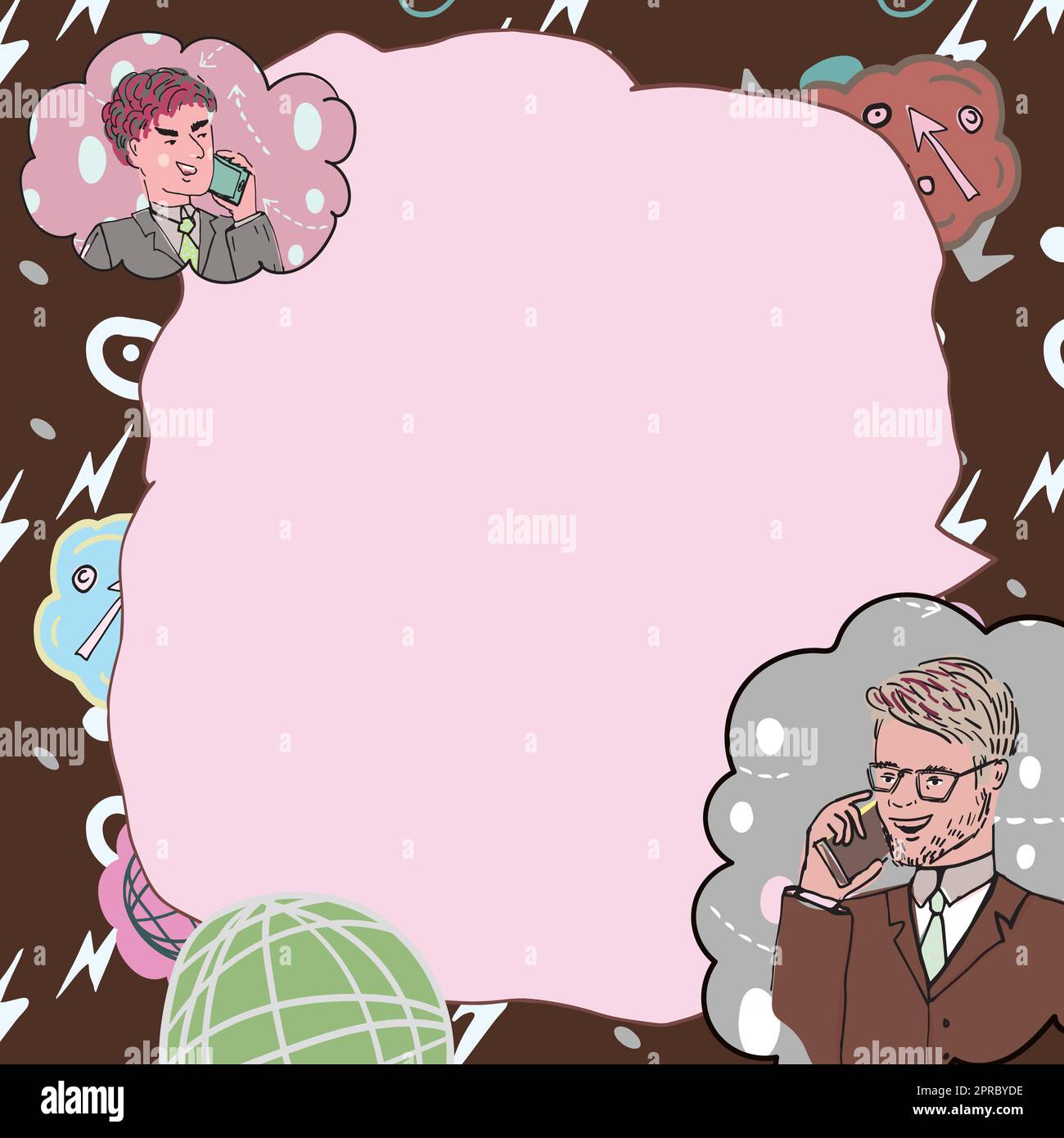 Geschäftsleute, Die Über Mobiltelefone Sprechen Und Wichtige Ideen Präsentieren. Männer, Die Auf Handys Sprechen Und Grausame Informationen Zeigen. Führungskräfte Zeigen Neue Daten An. Stock Vektor