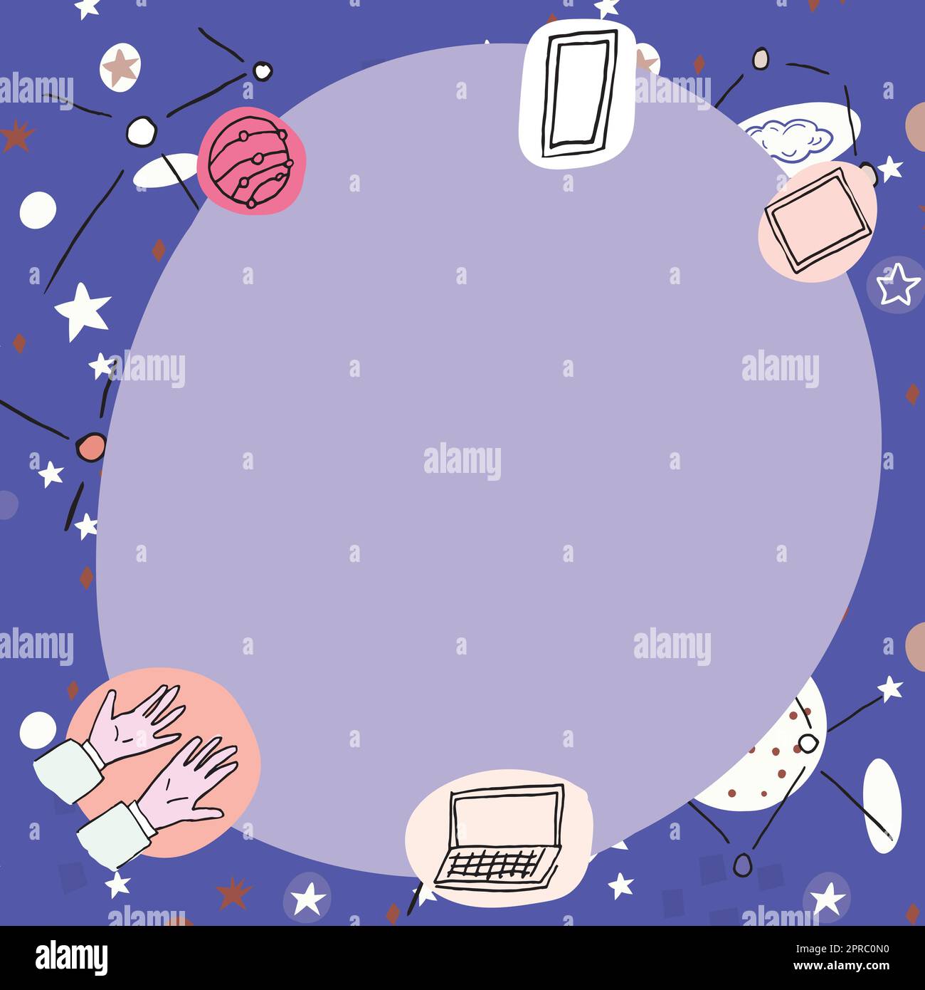 Leeres Poster mit modernen Technologiesymbolen. Leerer Rahmen umgeben von mehrfarbigen Laptop-Mobiltelefonen, die Wissenschaft und Technologie darstellen. Stock Vektor