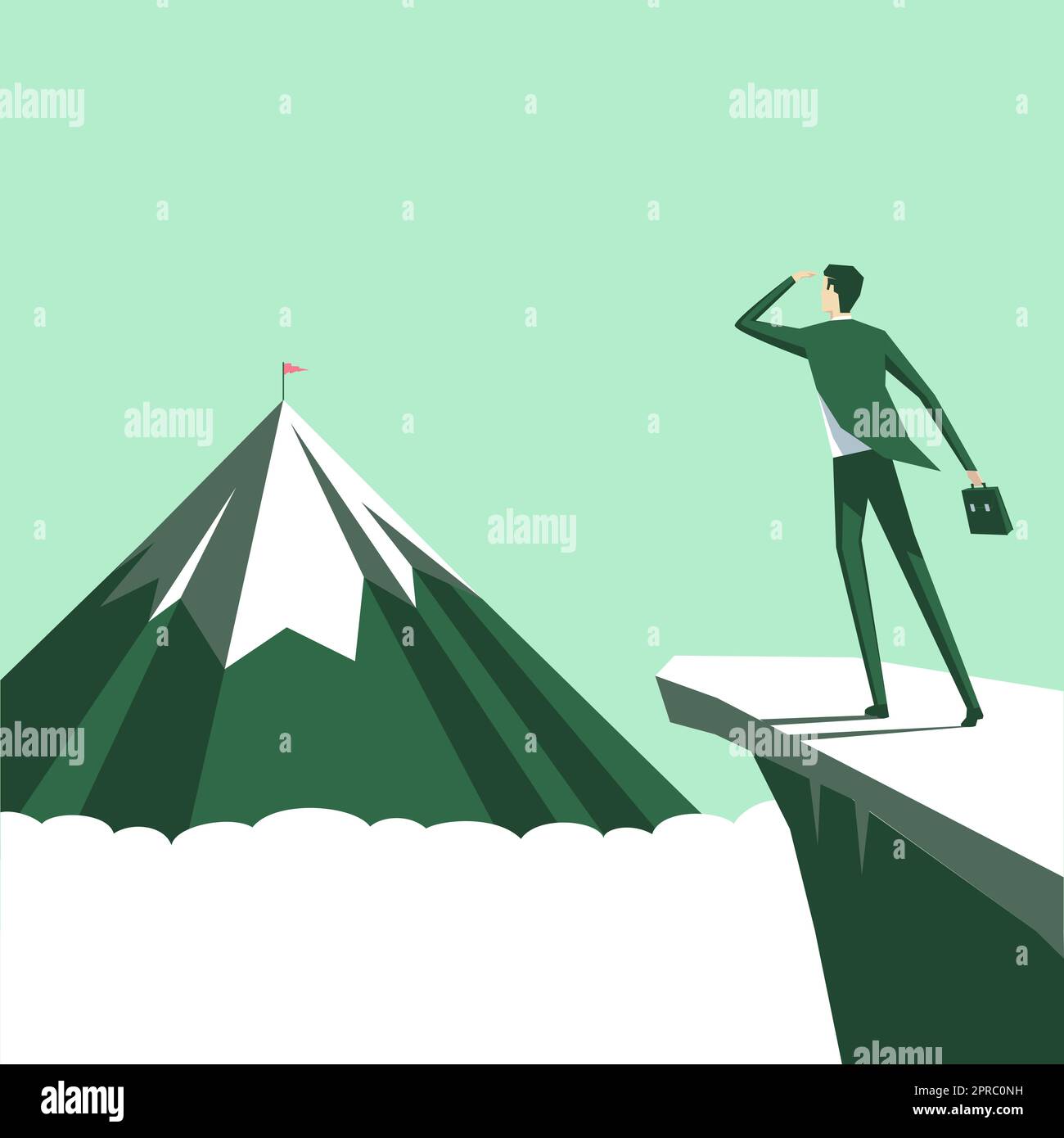 Man on A Mountain Drawing ist stolz auf seinen Erfolg beim Klettern in die Wolken. Athlet on A Cliff feiert Erfolg beim Aufstieg nach oben. Der Sportler Erreicht Den Himmel. Stock Vektor