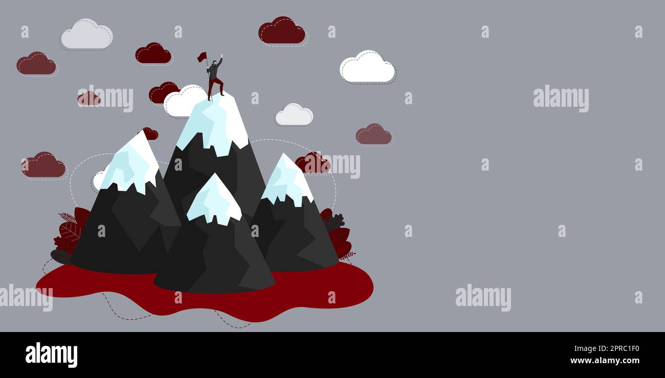 Man on A Mountain Drawing ist stolz auf seinen Erfolg beim Klettern in die Wolken. Athlet on A Cliff feiert Erfolg beim Aufstieg nach oben. Der Sportler Erreicht Den Himmel. Stock Vektor