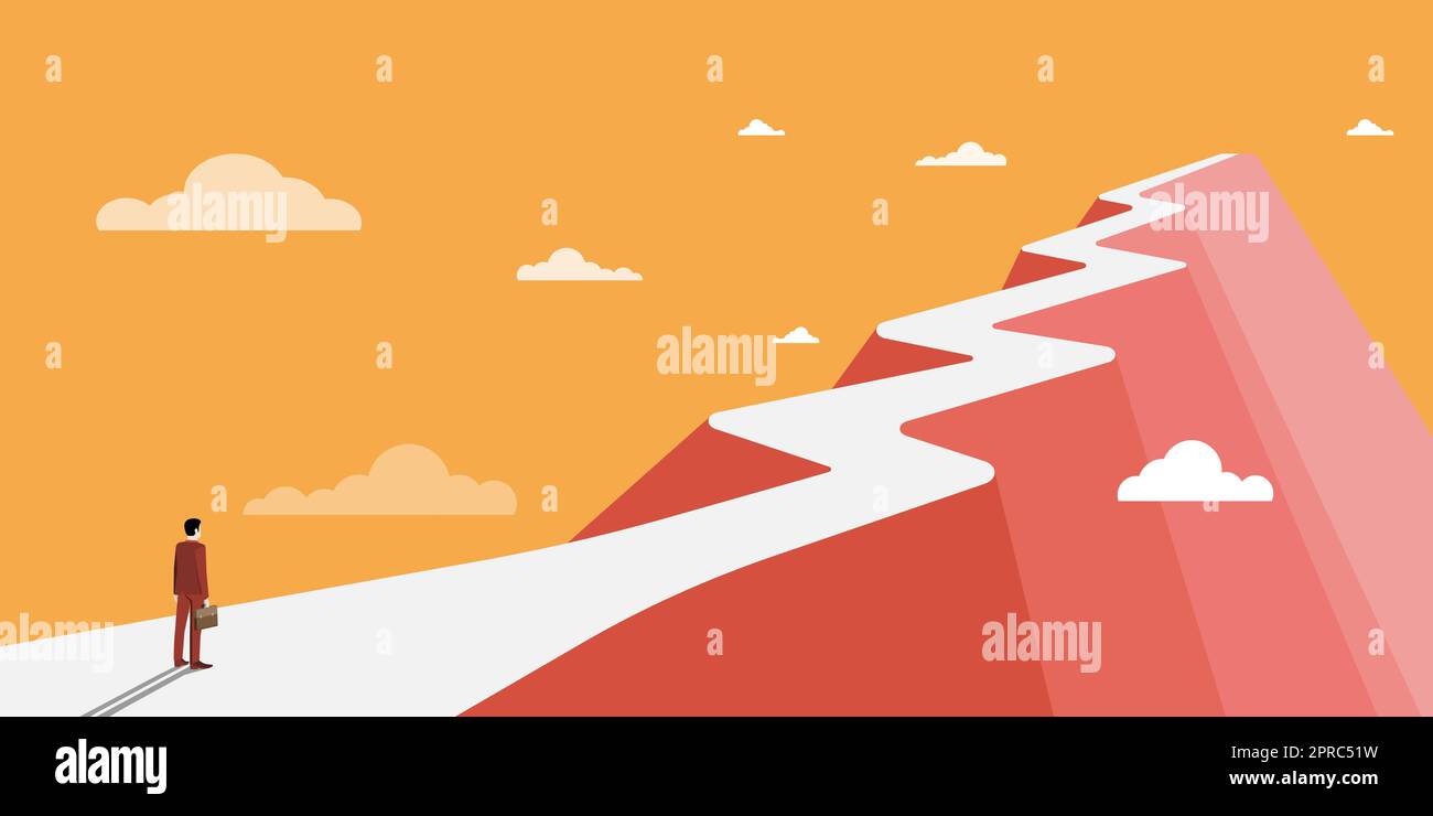 Man on A Mountain Drawing ist stolz auf seinen Erfolg beim Klettern in die Wolken. Athlet on A Cliff feiert Erfolg beim Aufstieg nach oben. Der Sportler Erreicht Den Himmel. Stock Vektor