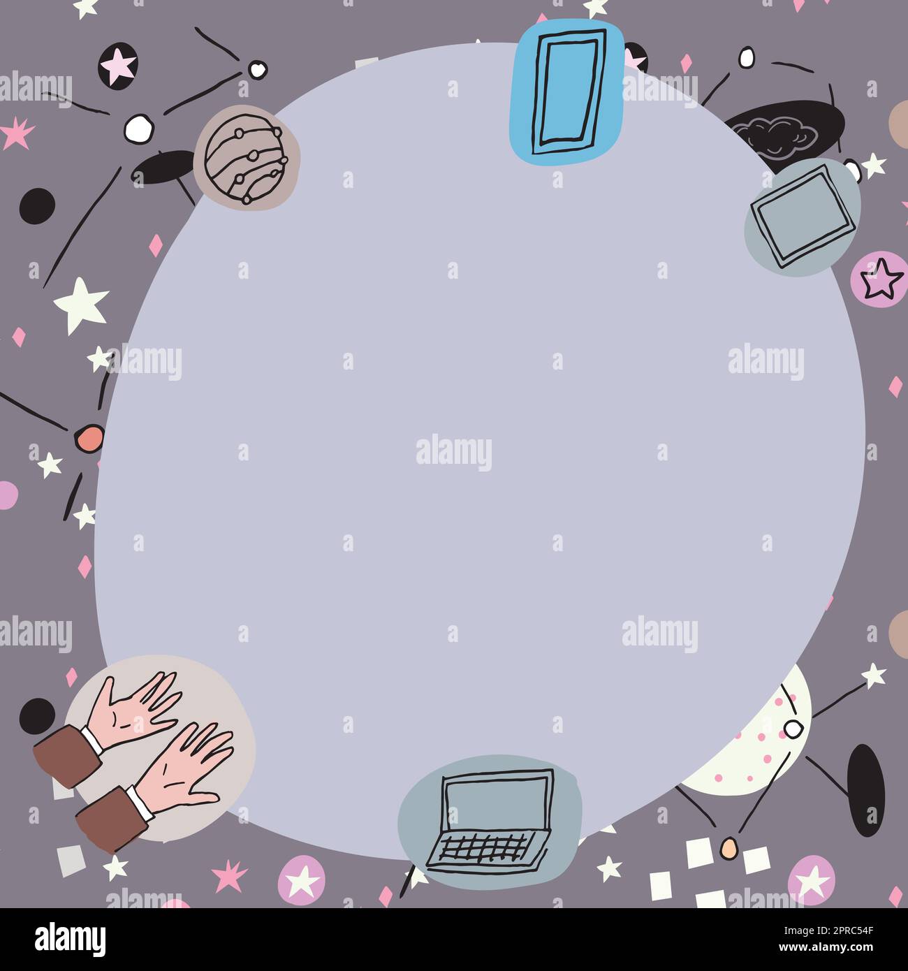 Leeres Poster mit modernen Technologiesymbolen. Leerer Rahmen umgeben von mehrfarbigen Laptop-Mobiltelefonen, die Wissenschaft und Technologie darstellen. Stock Vektor