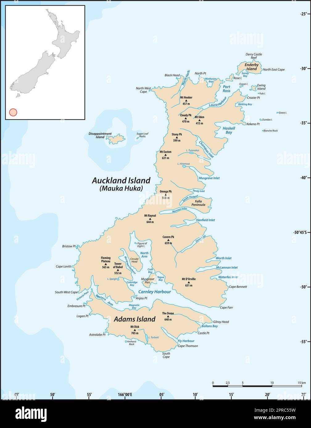 Vektorkarte der subantarktischen Auckland-Inseln, Neuseeland Stock Vektor