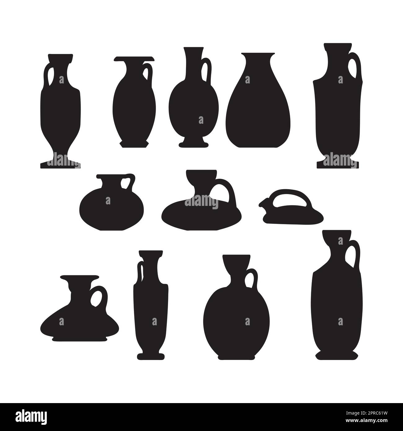 Silhouettenskizzen von Keramikvasen. Antikgriechisch, römisches Glas mit zwei Griffen und engem Hals. Vektorgrafik: Amphora, Trophäe, Töpfe, Becher schwarz isoliert auf weißem Hintergrund Stock Vektor