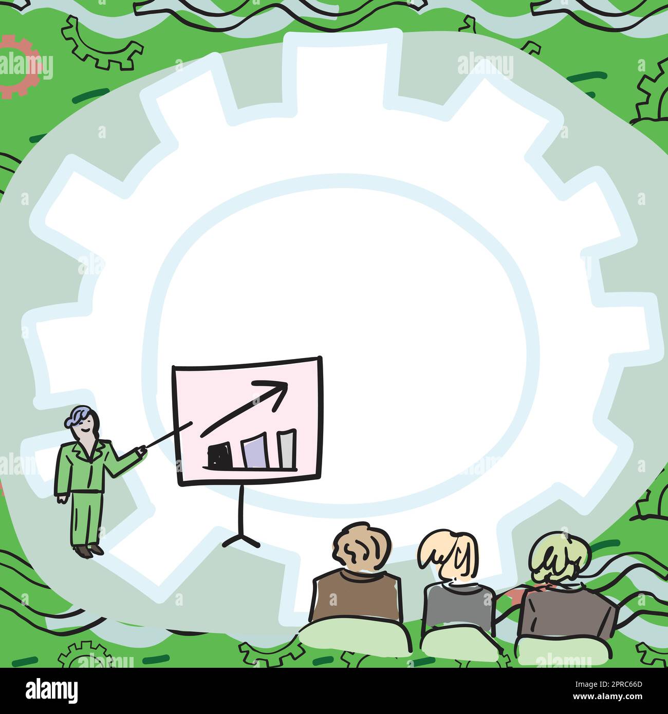 Die Teammitglieder Betrachten Das Whiteboard, Das Neue Lösungen Für Das Verkaufswachstum Darstellt. Colleague Group Betrachtet Die Fähigkeit Des Vorstands, Probleme Zu Lösen, Im Vergleich Zu Gear Background. Stock Vektor