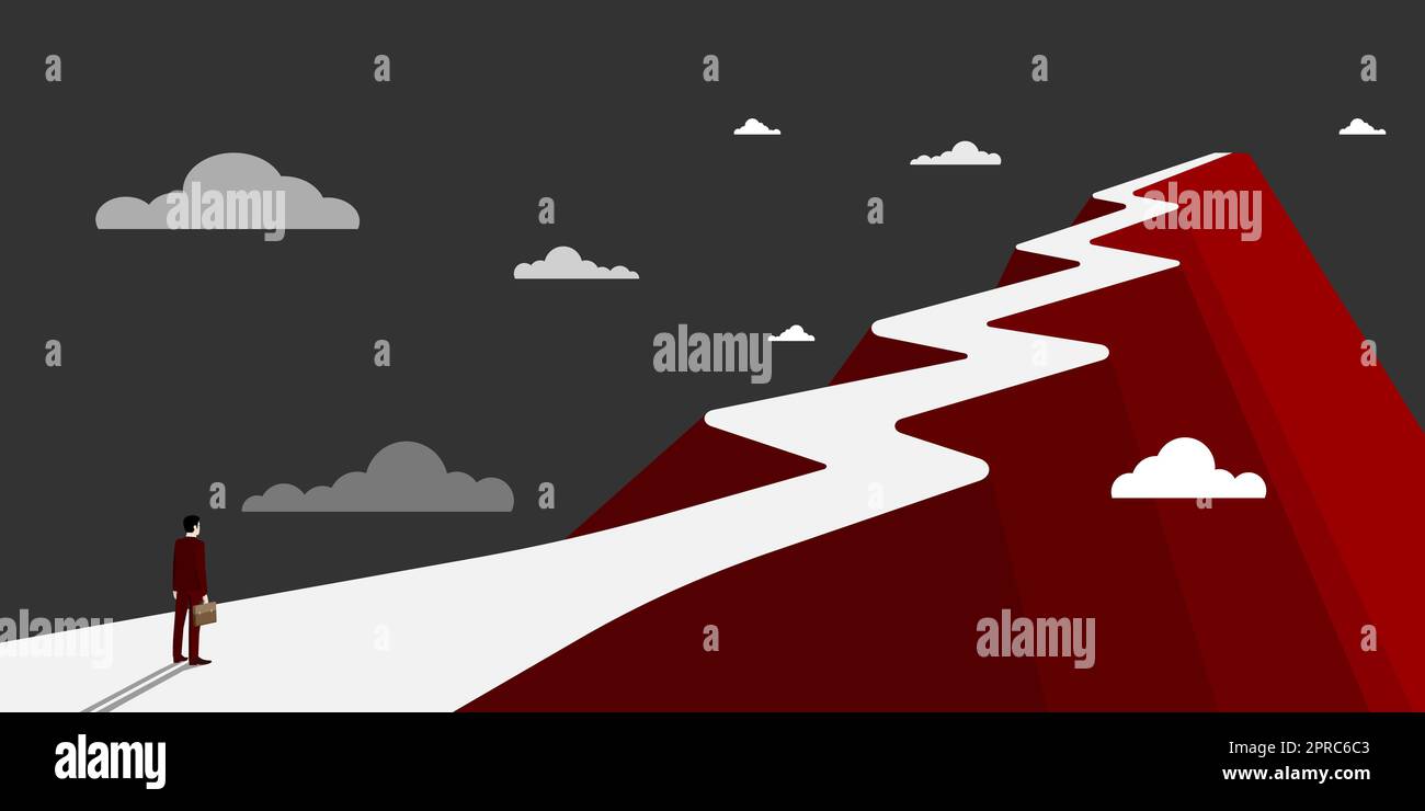 Man on A Mountain Drawing ist stolz auf seinen Erfolg beim Klettern in die Wolken. Athlet on A Cliff feiert Erfolg beim Aufstieg nach oben. Der Sportler Erreicht Den Himmel. Stock Vektor