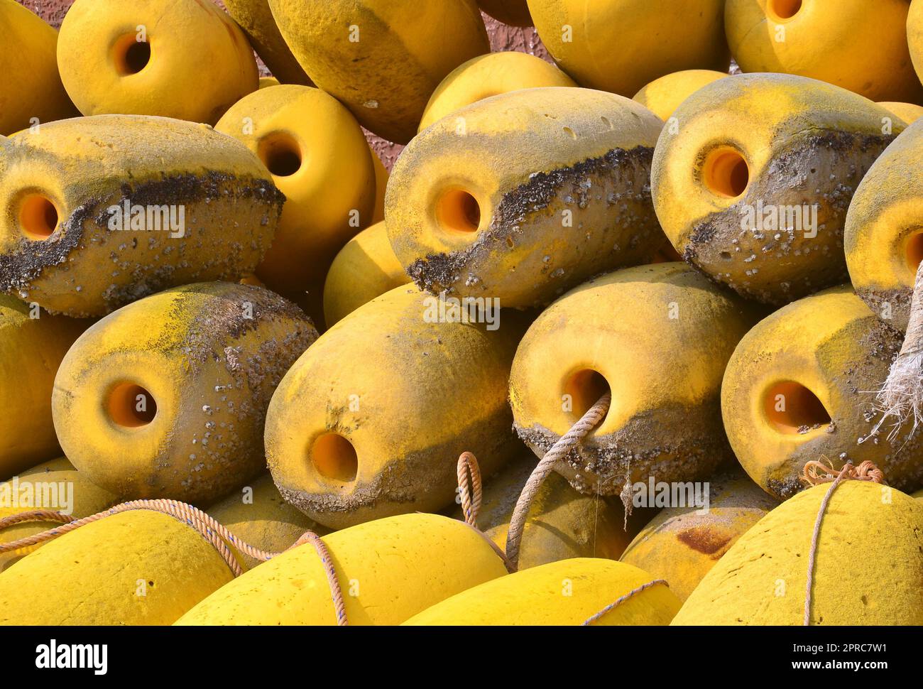 Eine Sammlung von Floßwagen, die verwendet werden, um Bereiche im Meer zu kennzeichnen, wie einen sicheren Ort zum Schwimmen, Thailand, gelbe Farbe oder Farbe, Tiefwasserflotten, Bojen Stockfoto