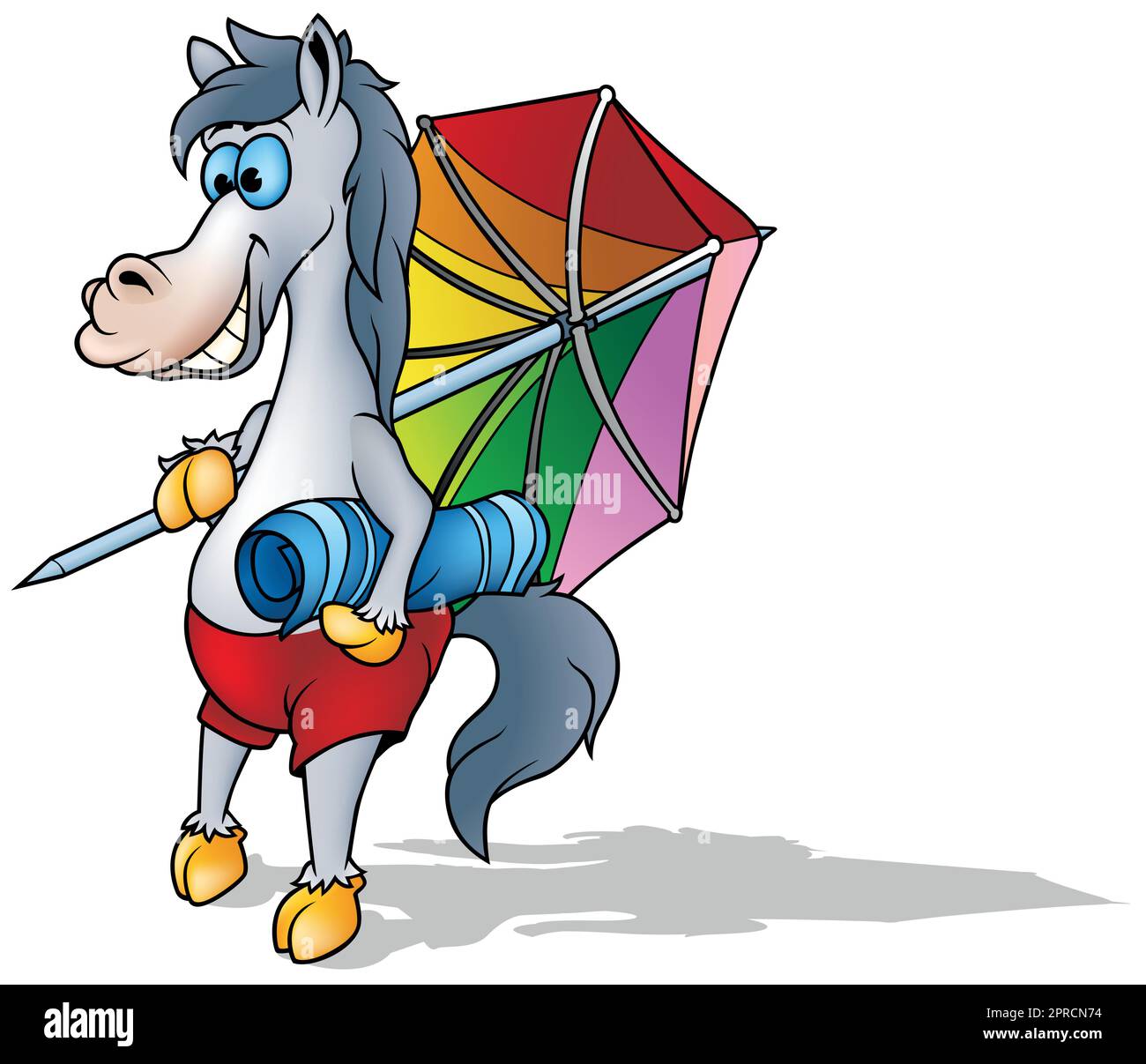 Graues Pferd mit farbenfrohem Sonnenschirm Stock Vektor