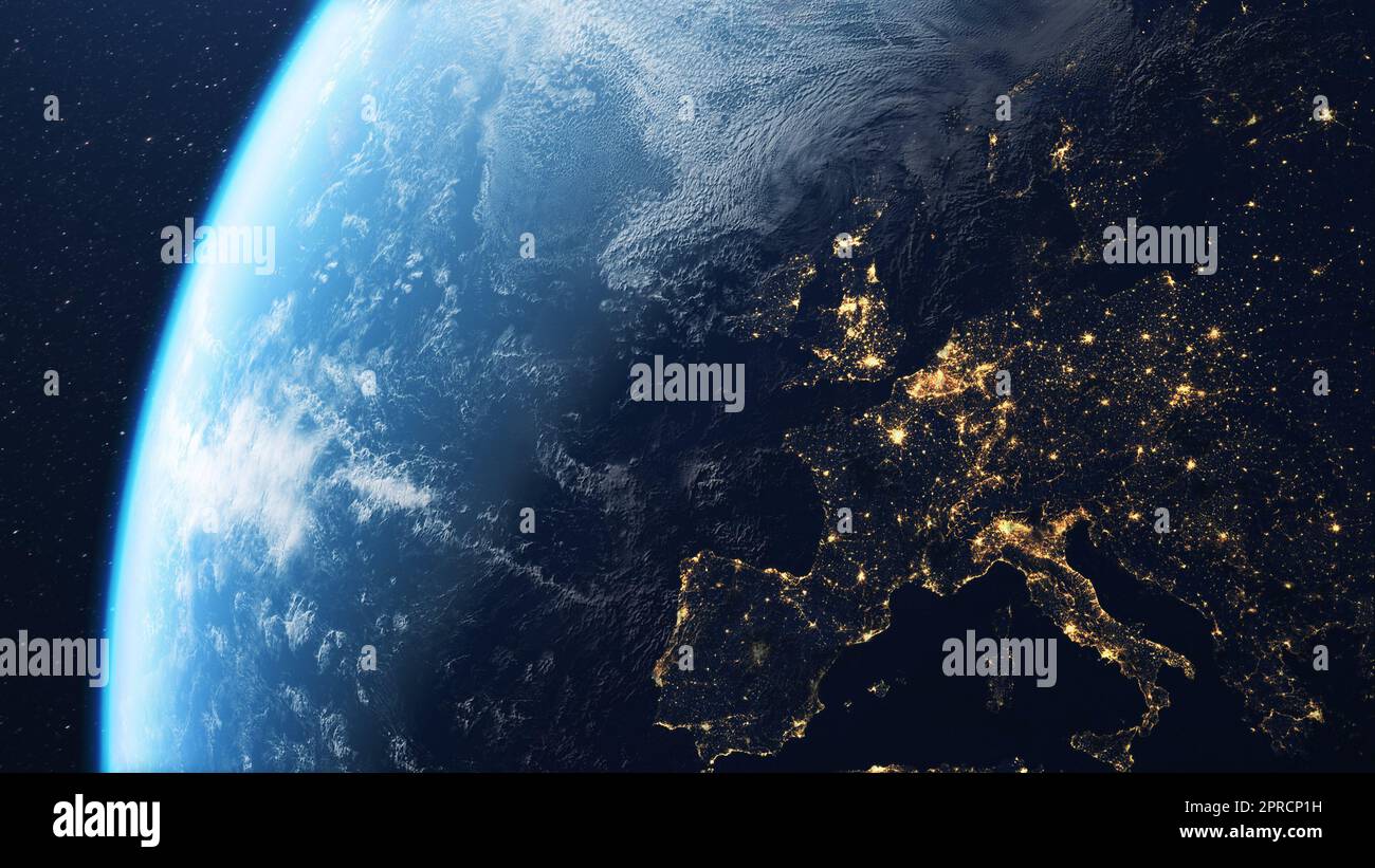 Europa und der wunderschöne Planet Erde, der 4K aus dem All aus dem Weltall aus dieser epischen Sicht gesehen wurde Stockfoto