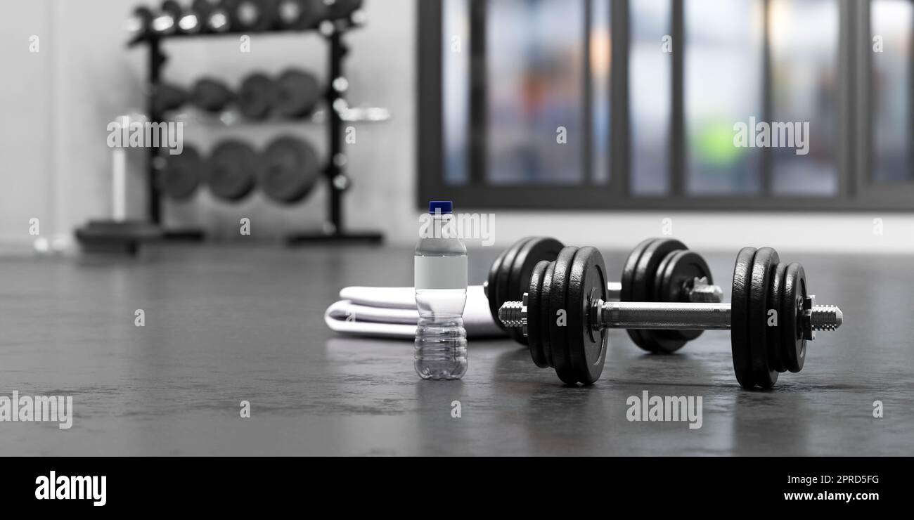 Hanteln, Wasserflasche und Handtuch vor dem Hintergrund des Fitnessstudios 3D-Rendering-Illustration Stockfoto