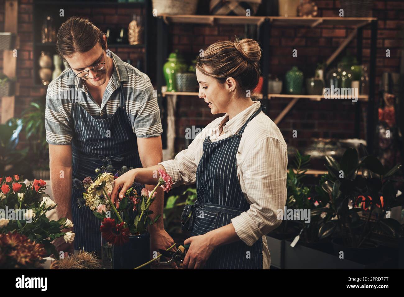 Unser kleines Unternehmen blüht. Zwei junge Floristen schneiden Blumen und arbeiten zusammen in ihrer Pflanzenkinderstube. Stockfoto