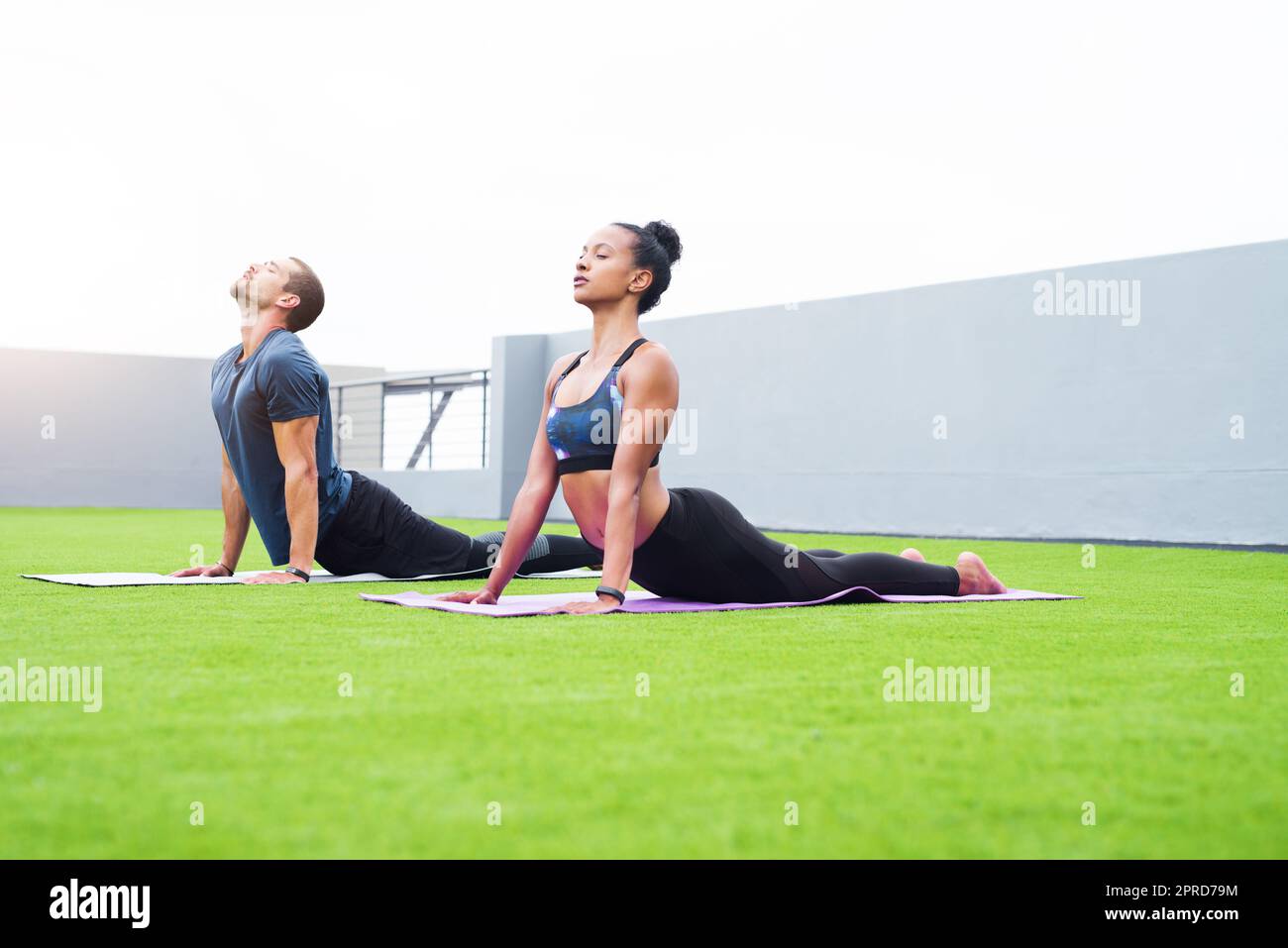 Wenn es ruhig ist, wird alles klar. Ein junger Mann und eine junge Frau praktizieren gemeinsam Yoga im Freien. Stockfoto