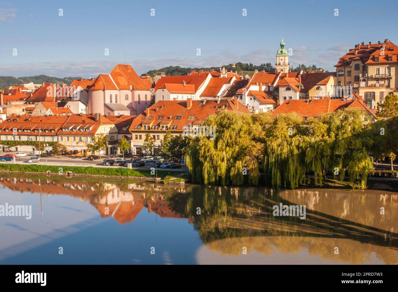 Bezirk Lent in Maribor, Slowenien. Beliebte Uferpromenade mit historischen Gebäuden und der ältesten Weinrebe Europas. Stockfoto