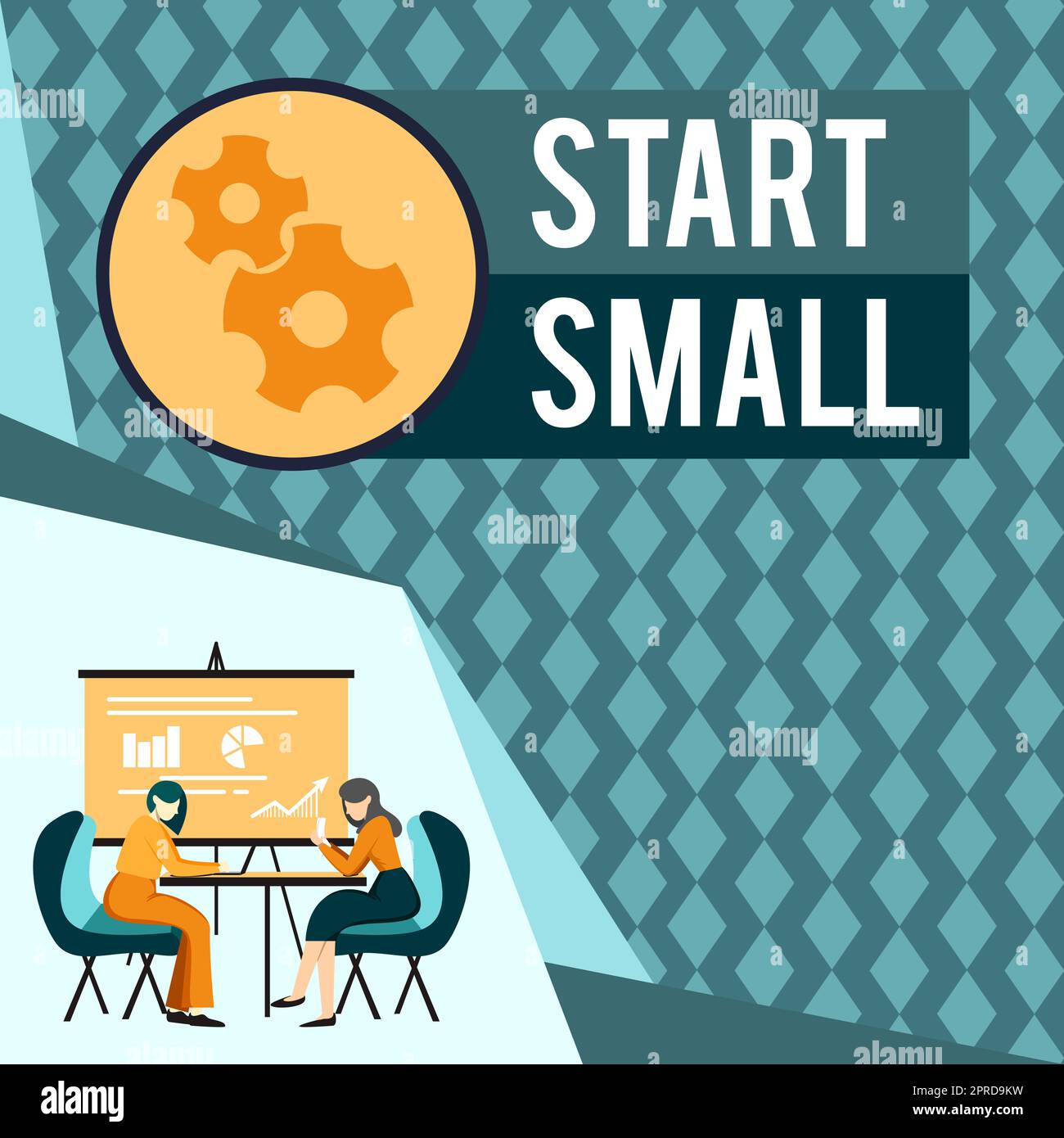 Schild mit Start Small, Word geschrieben über kleine mittelständische Unternehmen Start Up Business Entrepreneurship Kollegen sitzen auf dem Schreibtisch mit Laptop-Papieren Stockfoto