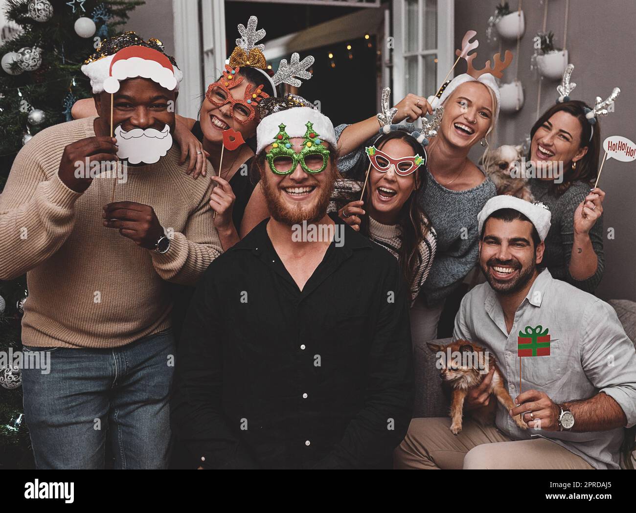 Wir sind dumm, aber wir sind etwas Besonderes. Porträt einer fröhlichen Gruppe von Freunden, die festliche Hüte tragen, während sie zu hause während der weihnachtszeit für ein Foto posieren. Stockfoto