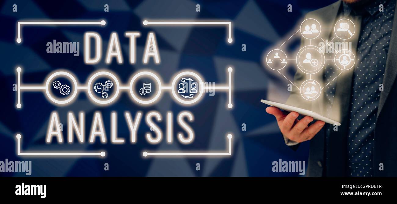 Textüberschrift zur Darstellung der Datenanalyse. Geschäftsübersicht Zahlen in analytische Schlussfolgerung übersetzen Prognosen Mann mit Tablet präsentieren Digitale Human- und Kundenbeziehungen. Stockfoto