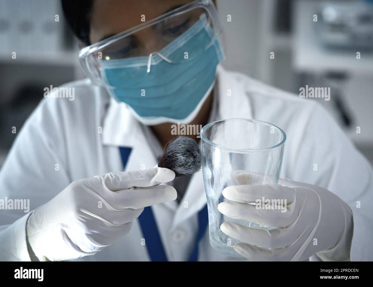 Staubwischen ist ein heikles Geschäft. High-Angle-Aufnahme einer forensischen Wissenschaftlerin, die im Labor nach Abzügen staubt. Stockfoto