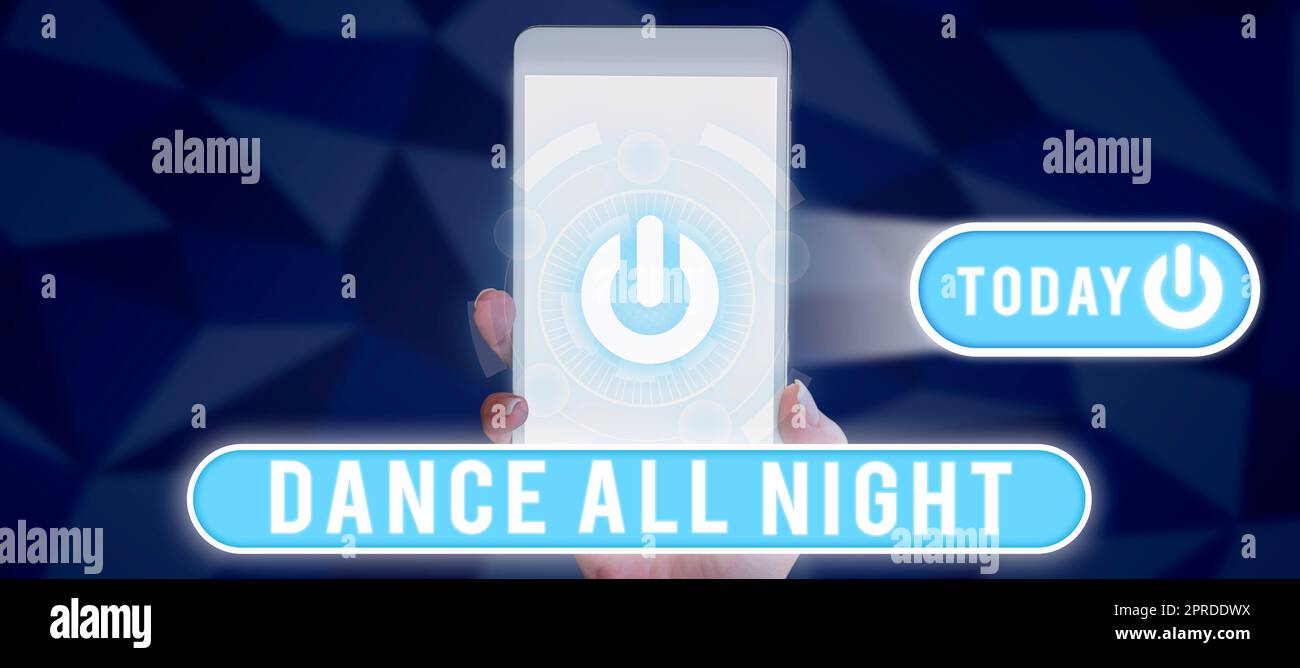 Inspiration mit Signage Dance die ganze Nacht. Konzeptfoto-Party für den ganzen Tag, gespannt auf einem Disco-Mann mit Tablet, der eine Suche und die Erkundung wichtiger Informationen zeigt. Stockfoto