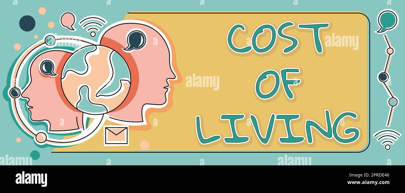 Schreiben mit Text zu den Lebenshaltungskosten. Das Unternehmen zeigt das Preisniveau für eine Reihe von Alltagsartikeln Mann mit futuristischem Puzzle, das Geschäftsstrategien präsentiert. Stockfoto