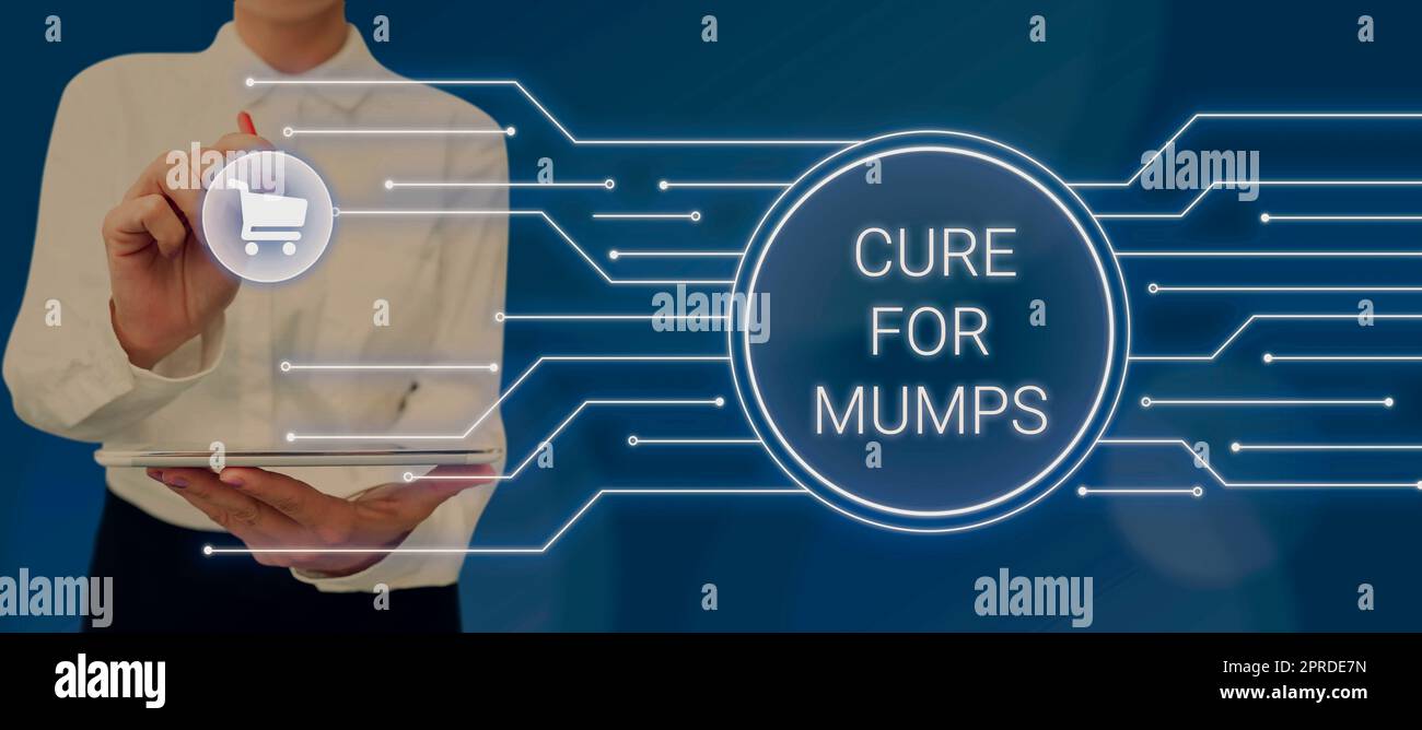 Schreiben mit Anzeige von Text Cure for Mumps. Konzept bedeutet medizinische Behandlung für ansteckende Infektionskrankheiten Gedanke Bubble mit Schreibwaren und Kaffee über Holz Zeigen entscheidende Neuigkeiten. Stockfoto