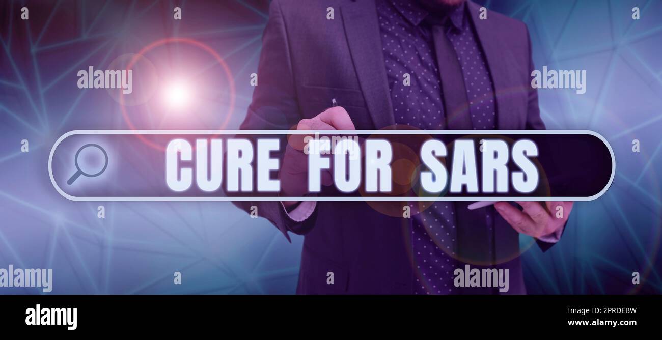 Textunterschrift mit Kuren für SARS. Internetkonzept Medizinische Behandlung bei schwerem akuten Atemwegssyndrom Stockfoto