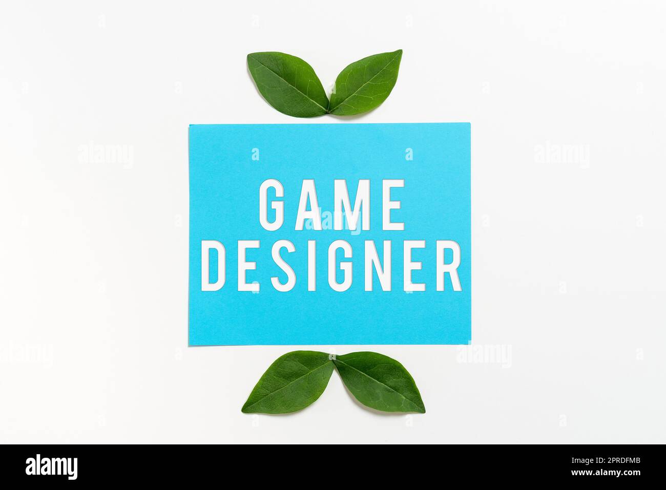 Spieldesigner für handschriftlichen Text. Wort auf Campaigner Pixel Scripting Programmierer Konsolen 3D-Grafik leeres Farbpapier mit Blättern, die für Werbeaktionen arrangiert sind. Stockfoto