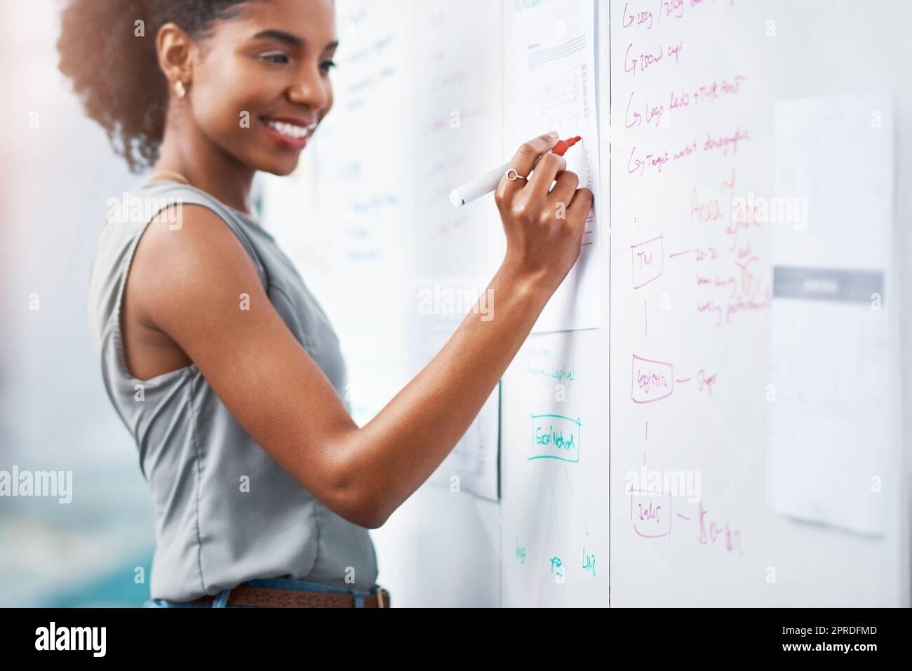 Afrikanische Geschäftsfrau und Projektmanagerin planen eine Marketingstrategie und sammeln Ideen auf einem Whiteboard für ihre Präsentation. Schwarzer Unternehmer, der einen Zeitplan und einen Plan für den Erfolg erstellt Stockfoto
