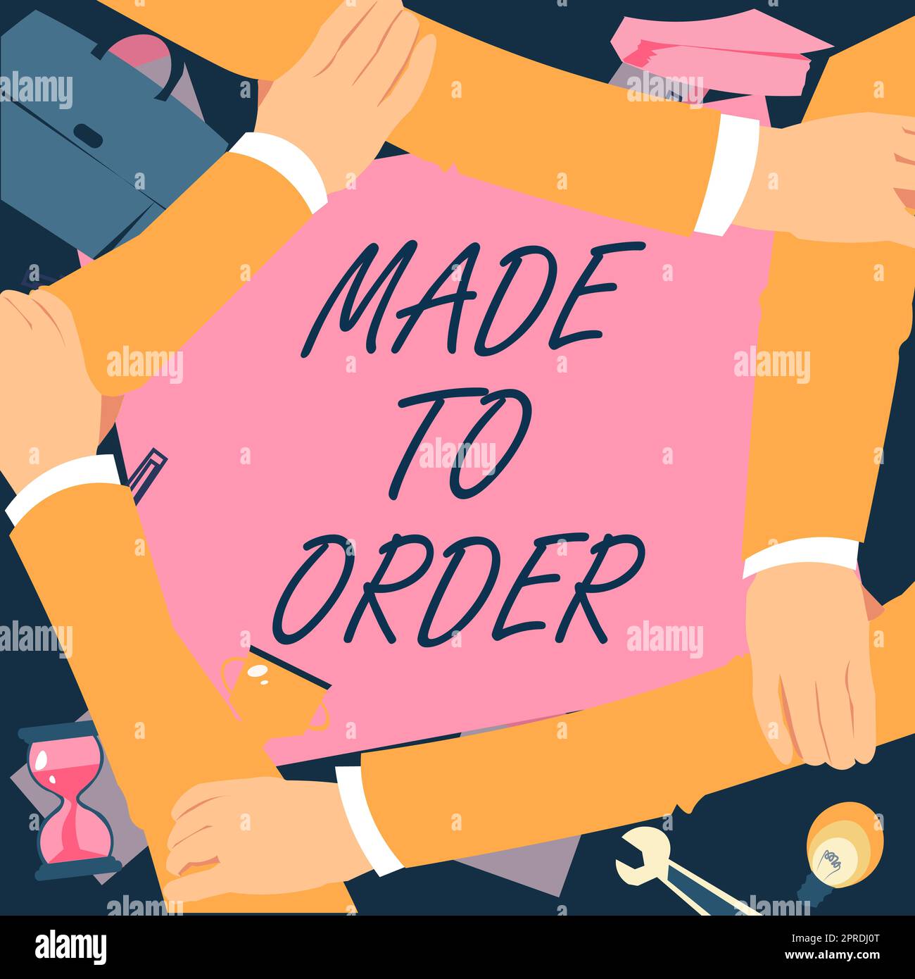 Textzeichen mit „Made To Order“. Geschäftsidee etwas speziell für jemanden maßgeschneidert authentische vier-Hände-Zeichnung Haltearm zusammen mit Verbindungssymbol. Stockfoto