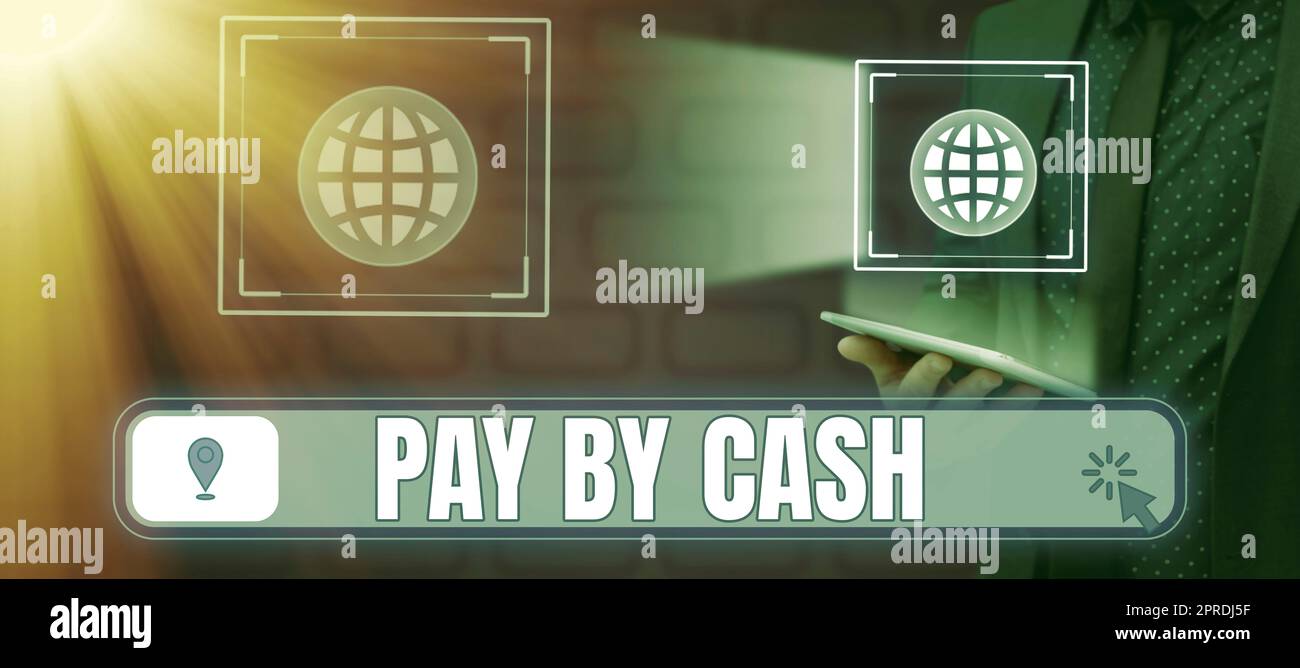 Handschriftstext Bezahlen Sie bar. Konzeptfoto Kunde zahlt mit Geld Münzen Rechnungen Einzelhandel Geschäftsmann mit Tablet präsentiert Graphical Global Positioning System. Stockfoto