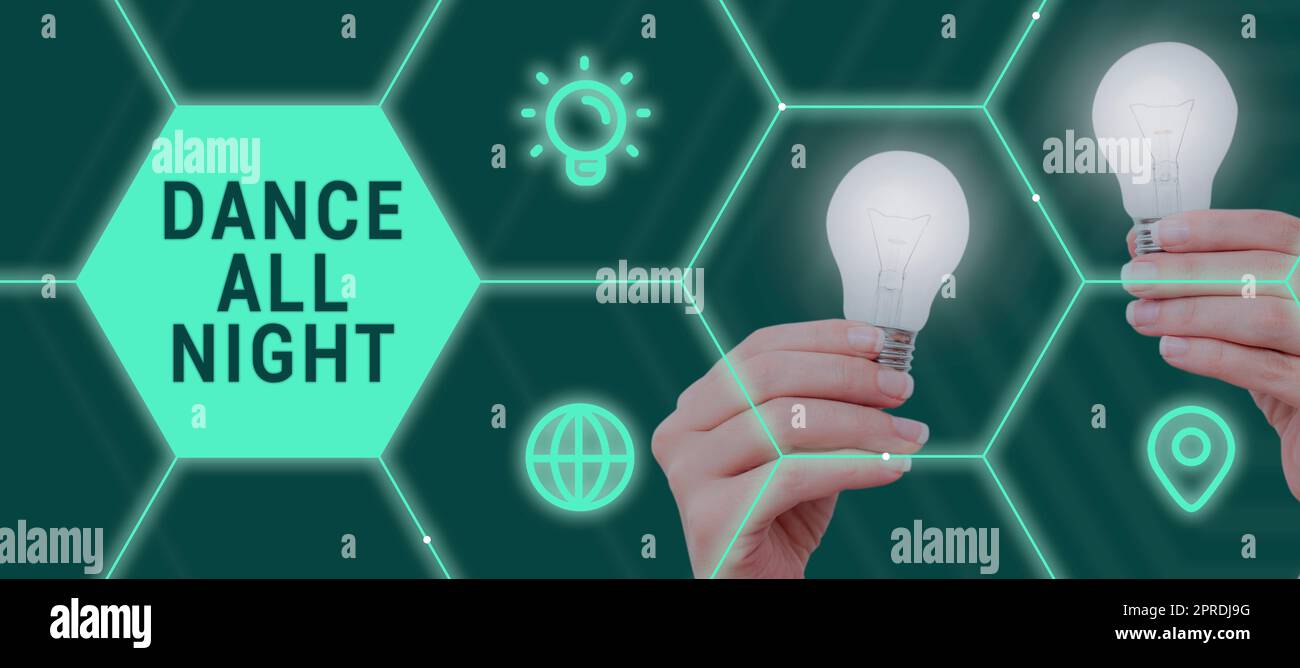 Schreiben Text anzeigen Tanz die ganze Nacht. Wort geschrieben über Party für den ganzen Tag aufgeregt genießen in einer Disco Stockfoto