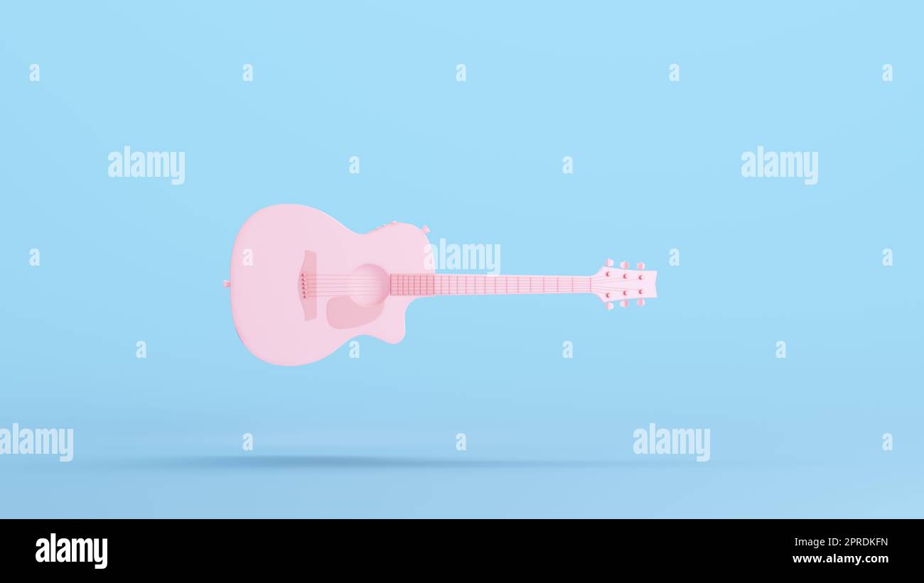 Pink Elektrische Akustikgitarre Musikinstrument Klassische Harmonie Hobby Musikstränge Kitschblau Hintergrund 3D-Darstellung Rendern digitaler Rendering Stockfoto