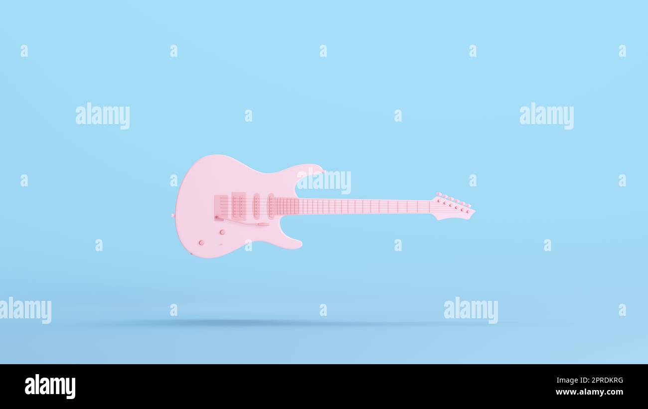 Pink Elektrische Gitarre Musikinstrument Klassische Harmonien Hobby Musikstränge Kitsch Blau Hintergrund 3D-Illustration Rendern digitales Rendering Stockfoto
