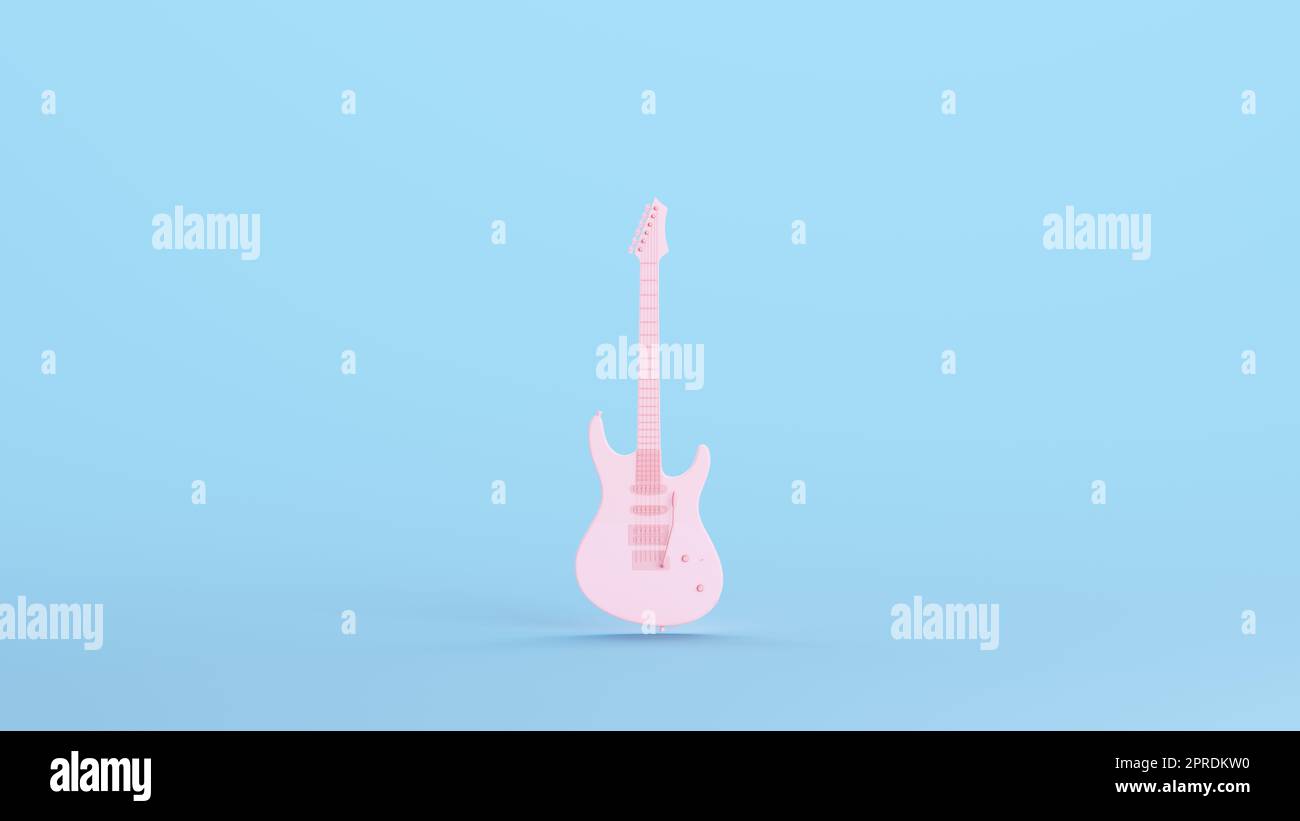 Pink Elektrische Gitarre Musikinstrument Klassische Harmonien Hobby Musikstränge Kitsch Blau Hintergrund 3D-Illustration Rendern digitales Rendering Stockfoto