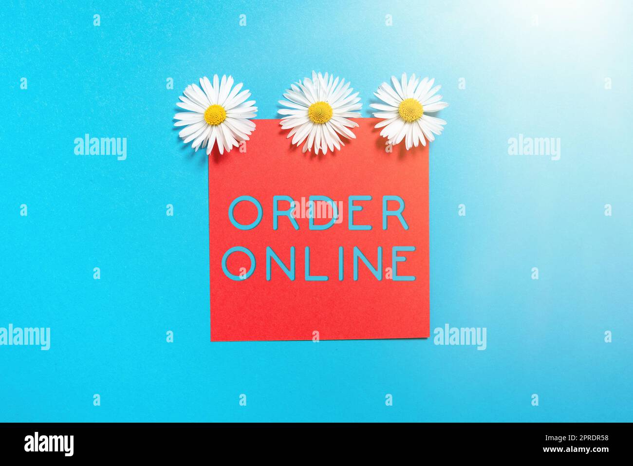 Schreiben mit Anzeige von „Text Order Online“. Ein Wort, das über den Kauf von Waren und Dienstleistungen von Verkäufern über das Internet geschrieben wurde Haftnotiz mit wichtigen Nachrichten mit drei Blumen oben. Stockfoto