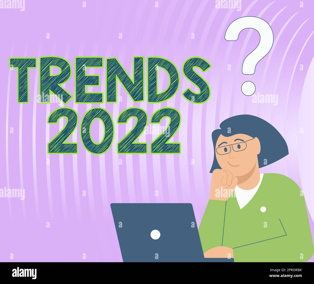 Zeichen mit Trendanzeige 2022. Word for Upcoming Year Preprevious Tendenz weit diskutiert Online Lady Drawing Brainstorming Neue Lösungen umgeben von Fragezeichen Stockfoto