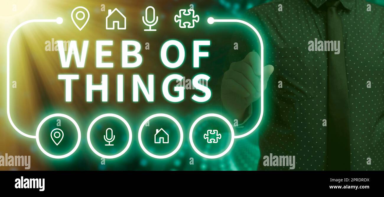 Handschrift Text Web of Things. Konzeptionelle Foto-Internet-Technologie Online Moderne Datendienste Kommunikation Mann mit einem Stift zeigt auf digitale Symbole mit wichtigen Informationen. Stockfoto