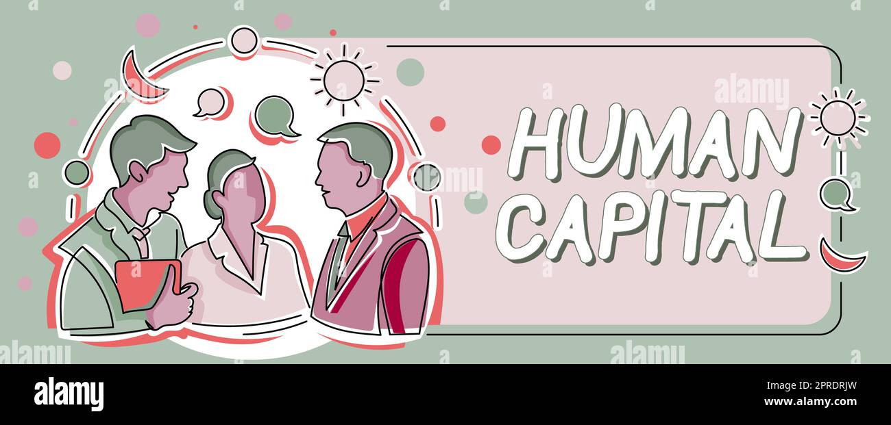 Inspiration mit dem Schild „Human Capital“. Konzeptfoto Immaterielle kollektive Ressourcen Kompetenzkapitalbildung Kollegen teilen ihre Gedanken mit Sprechblasen und verschiedenen S Stockfoto