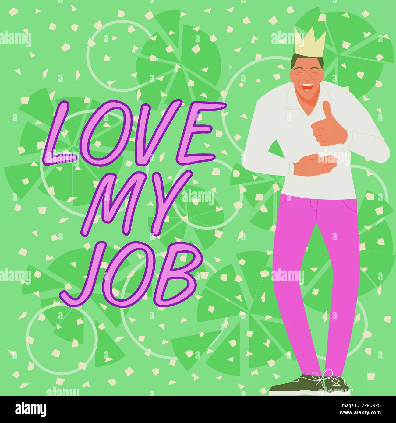 Textunterschrift mit „Liebe meinen Job“. Konzeptfoto, um zufrieden zu sein mit der Arbeit, die man macht, dass man sich wohl fühlt Sporty man mit Krone lachend Bauch halten und OK Schild zeigen. Stockfoto