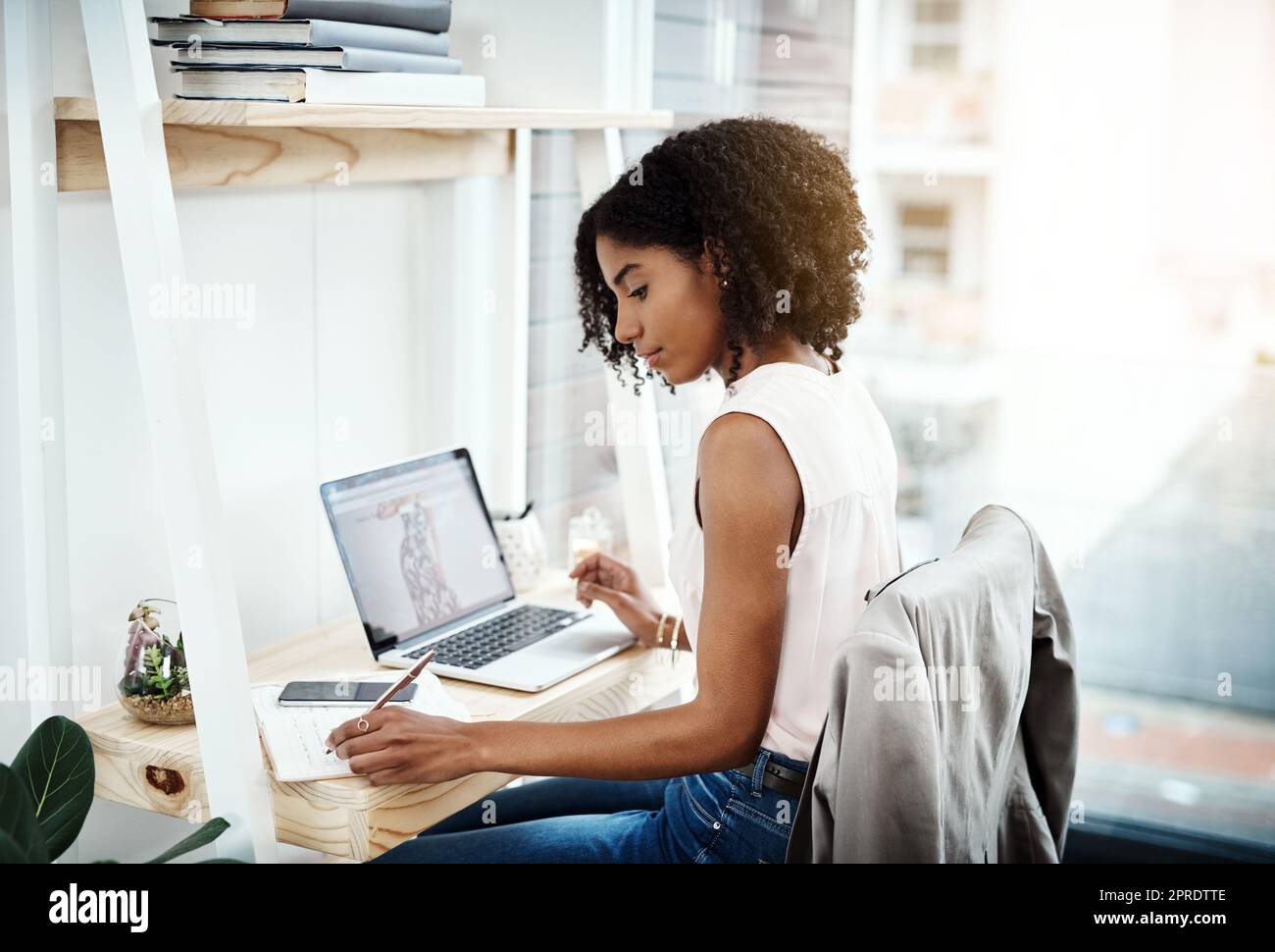 Eine attraktive junge Geschäftsfrau, die in ihrem Notebook schreibt, während sie in ihrem Heimbüro arbeitet. Stockfoto