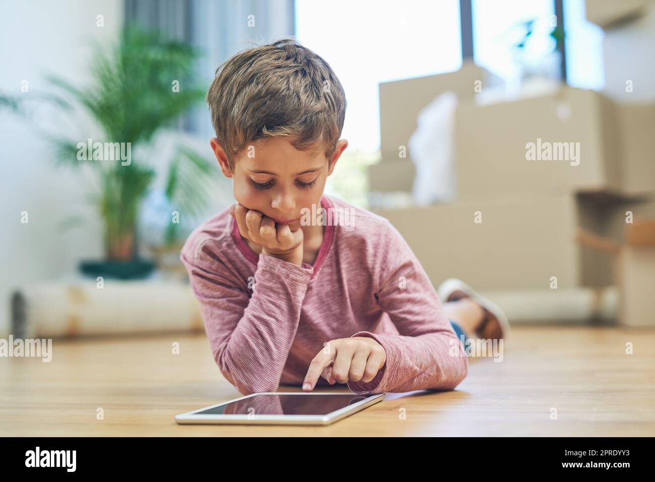 Genießen Sie einige Tech-Zeit, bevor ich helfen zu packen. Ein entzückender kleiner Junge mit einem digitalen Tablet zu Hause am bewegenden Tag. Stockfoto