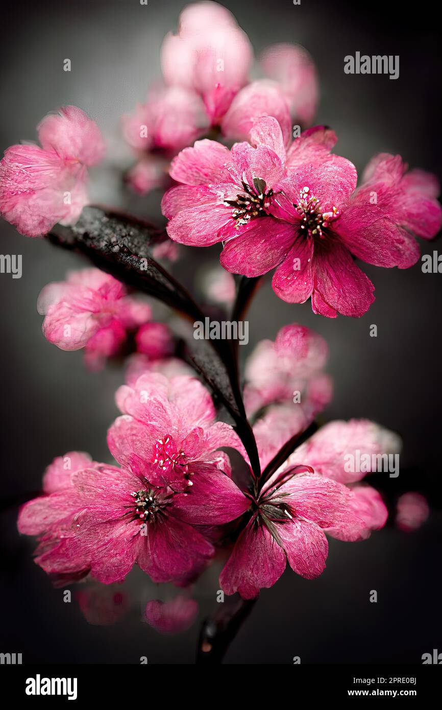 Rosafarbene Blüte auf schwarzem Hintergrund vertikale Komposition Stockfoto