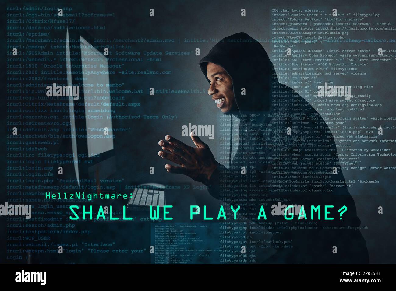 Die finstere Welt des Hackens. Ein Hacker, der im Dunkeln einen Computercode knackt. Stockfoto