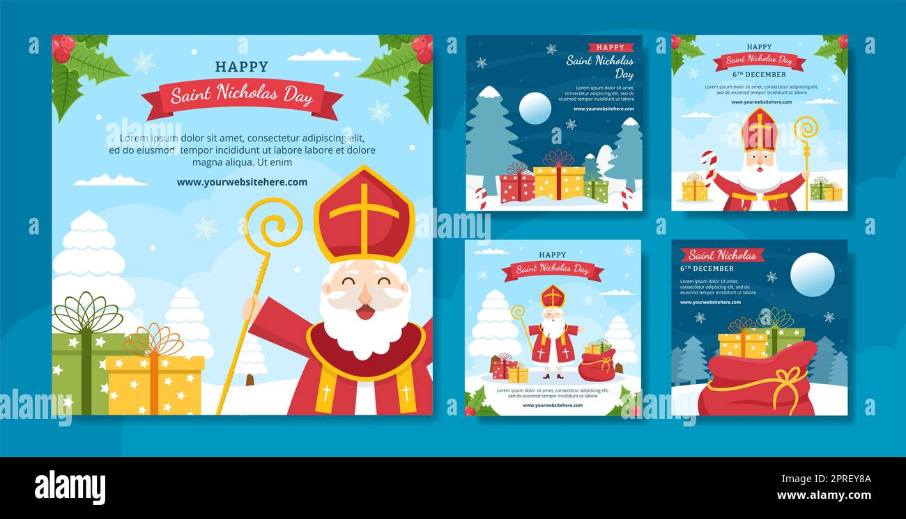 St. Nikolaus Tag oder Sinterklaas Social Media Post Template Handgezeichnete Cartoon flache Illustration Stockfoto