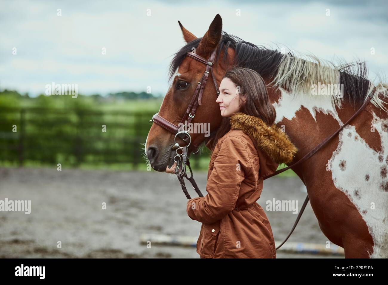 Wenn du ein Pony hast, hast du alles. Ein Teenager-Mädchen, das neben ihrem Pony auf einer Farm steht. Stockfoto