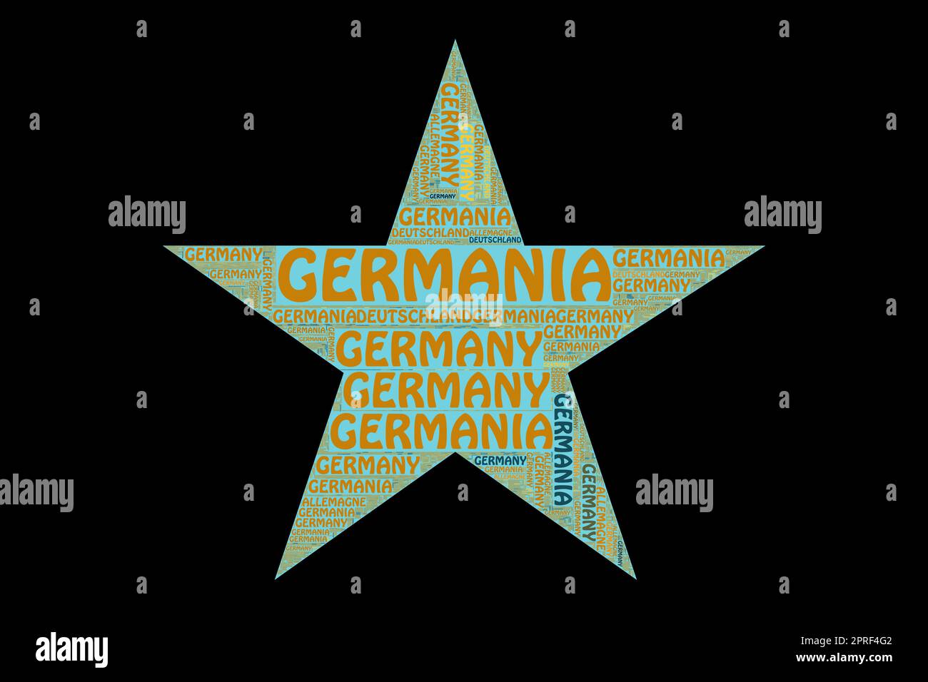 Die Wörter 'Deutschland, Deutschland, Allemagne, Germania' als Word Art, Word Cloud, Tag Cloud in verschiedenen Sprachen mit Copy Space. Stockfoto