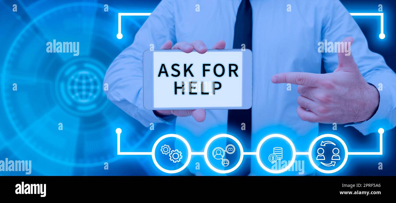 Textüberschrift Präsentation „Hilfe anfordern“. Ein Wort, das auf „Request to Support“ geschrieben wurde Unterstützung erforderlich professioneller Rat Mann hält Ein Tablet mit Digital S in der Hand und präsentiert Ideen. Stockfoto